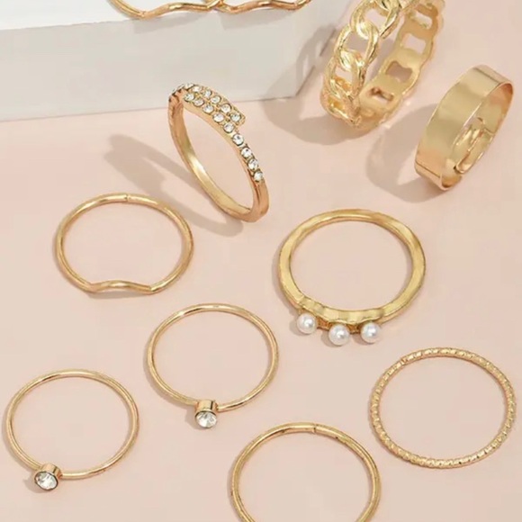 11pcs Beaded Rhinestone Geometric Pattern Ring Set - Picture 5 of 5